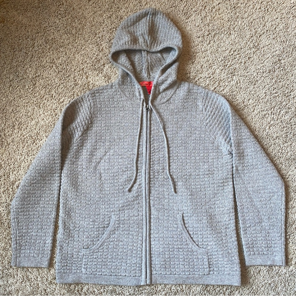 Skyr Sweater 100% Lambswool Hooded Full Zip Womens M Tan Pockets Cardigan Flaw